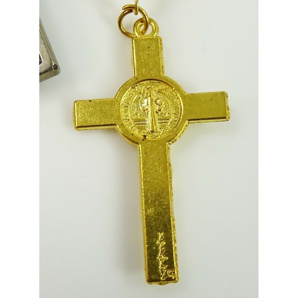 St Benedict Cross Pendant Necklace w/ White Tenner Single Decade Car Auto Rosary - Picture 5 of 6